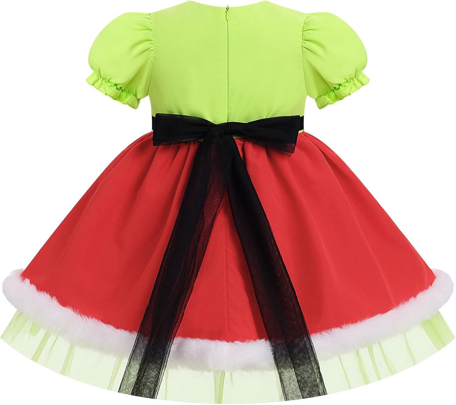 imageIDOPIP Toddler Girls Christmas Dress Puff Sleeve Tutu Dress Princess Baptism Ruffle Tulle Dress Cake Smash Photo Shoot OutfitGreen  Red