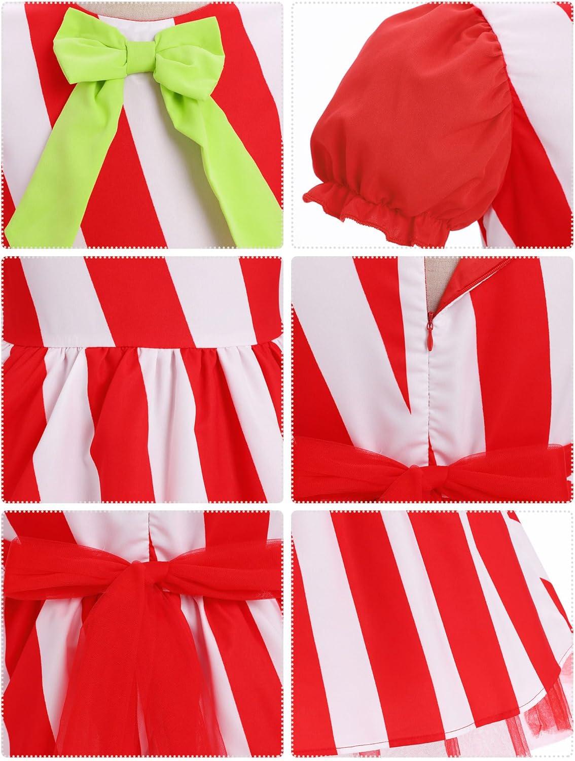 imageIDOPIP Toddler Girls Christmas Dress Puff Sleeve Tutu Dress Princess Baptism Ruffle Tulle Dress Cake Smash Photo Shoot OutfitRed  White Striped