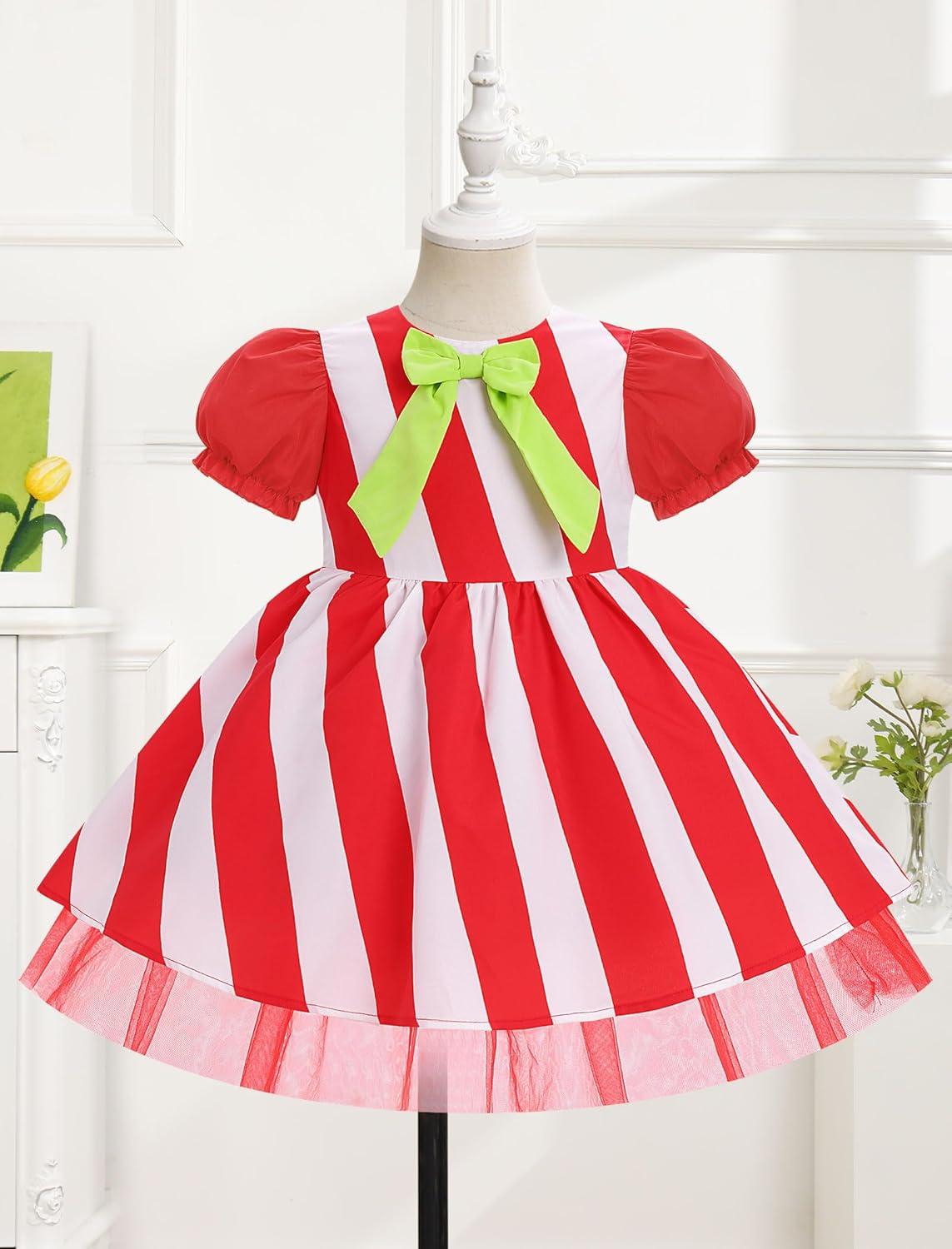 imageIDOPIP Toddler Girls Christmas Dress Puff Sleeve Tutu Dress Princess Baptism Ruffle Tulle Dress Cake Smash Photo Shoot OutfitRed  White Striped
