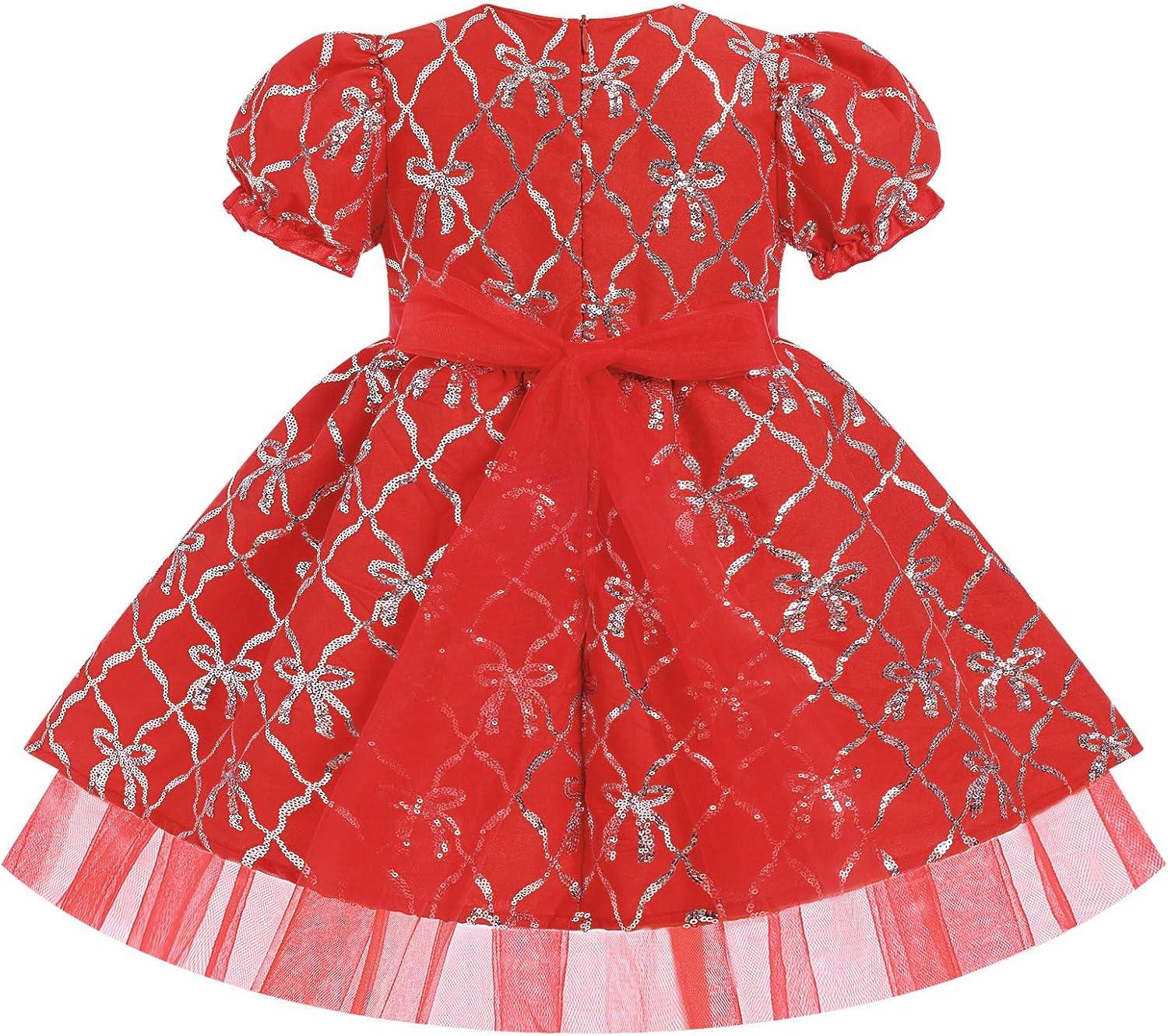 imageIDOPIP Toddler Girls Christmas Dress Puff Sleeve Tutu Dress Princess Baptism Ruffle Tulle Dress Cake Smash Photo Shoot OutfitRed Bows