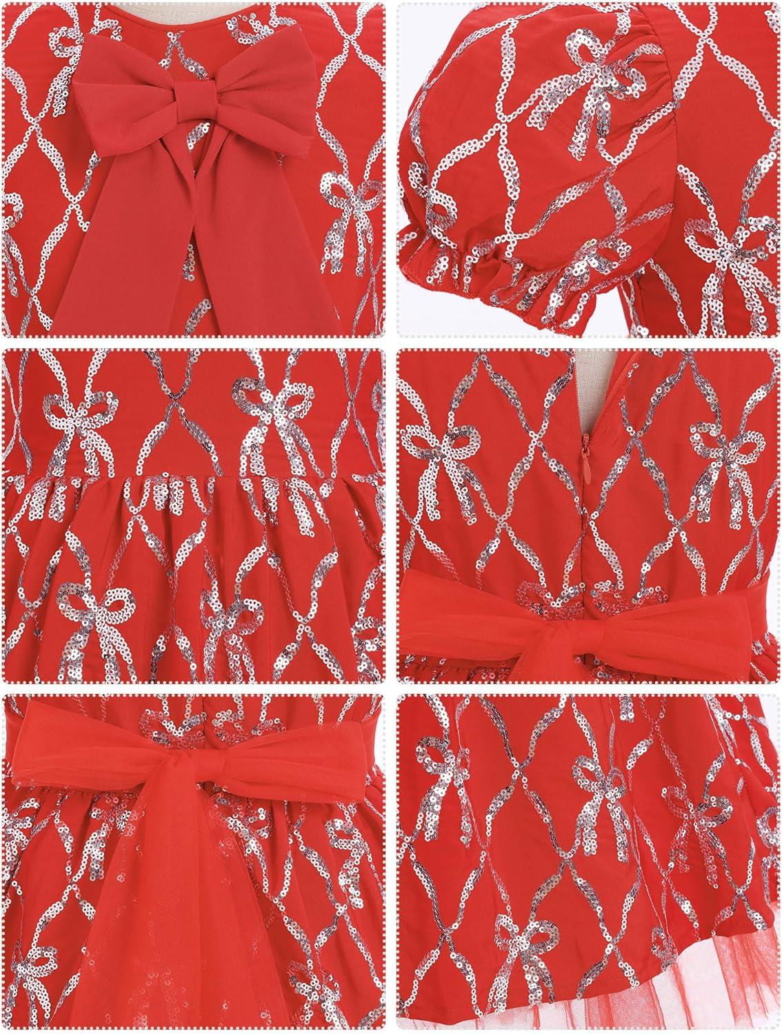 imageIDOPIP Toddler Girls Christmas Dress Puff Sleeve Tutu Dress Princess Baptism Ruffle Tulle Dress Cake Smash Photo Shoot OutfitRed Bows