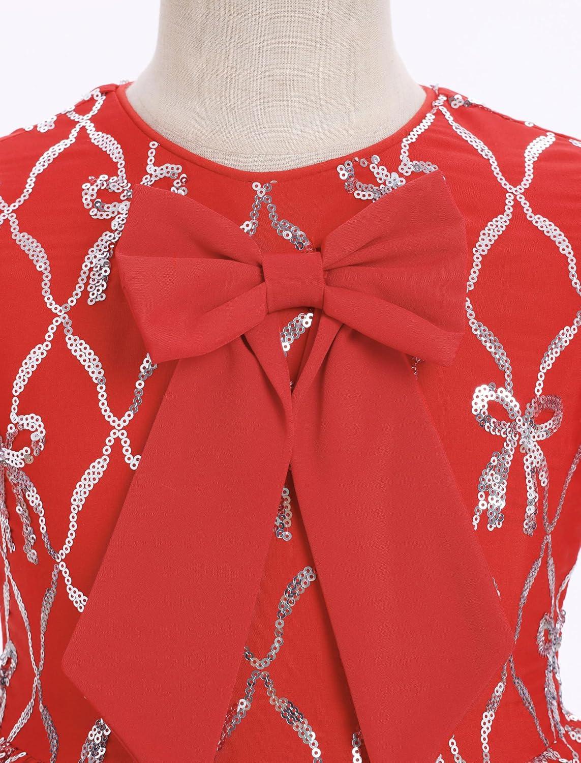 imageIDOPIP Toddler Girls Christmas Dress Puff Sleeve Tutu Dress Princess Baptism Ruffle Tulle Dress Cake Smash Photo Shoot OutfitRed Bows