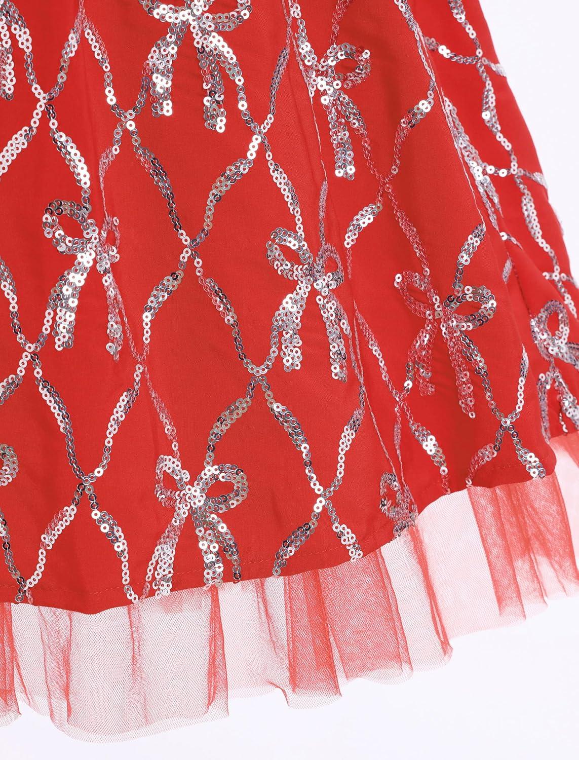 imageIDOPIP Toddler Girls Christmas Dress Puff Sleeve Tutu Dress Princess Baptism Ruffle Tulle Dress Cake Smash Photo Shoot OutfitRed Bows