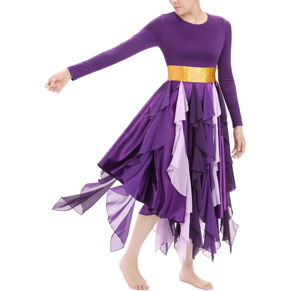 imageIDOPIP Metallic Praise Dance Dress for Women Asymmetric Ruffle Overlay Dresses Liturgical Lyrical Dancewear Worship CostumePurple
