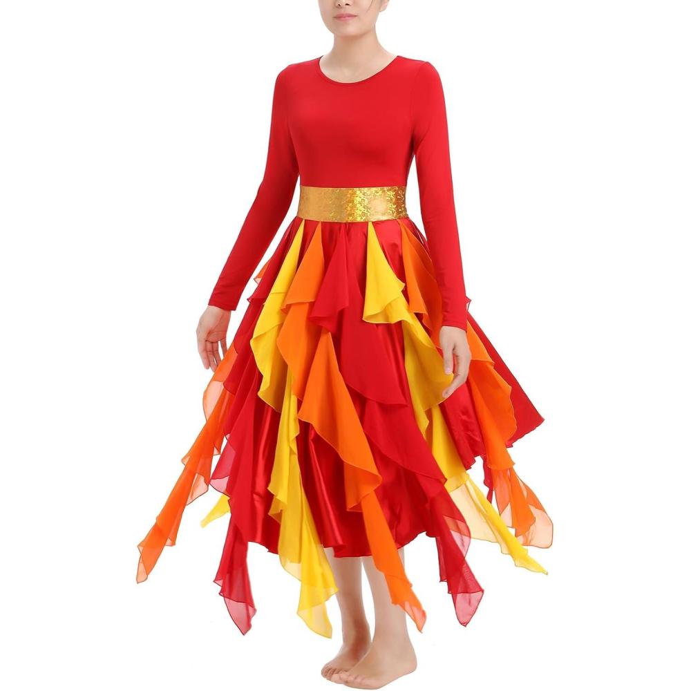imageIDOPIP Metallic Praise Dance Dress for Women Asymmetric Ruffle Overlay Dresses Liturgical Lyrical Dancewear Worship CostumeRed