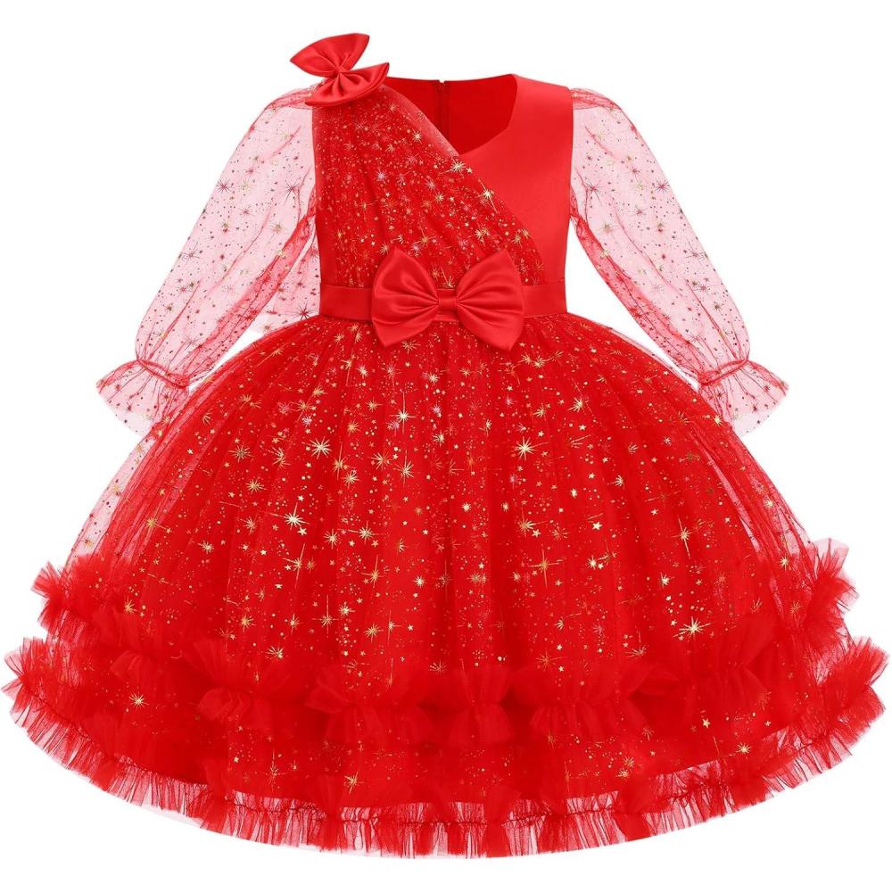 imageIDOPIP Toddler Baby Girls Sequin Heart Tutu Dress Pageant Wedding Flower Girl Dresses Princess Birthday Party Bowknot GownsRed Stars  Long Sleeve