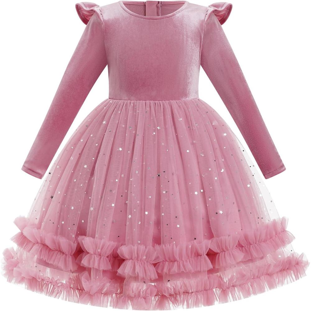 imageIDOPIP Toddler Baby Girls Velvet Tutu Dress Long Sleeve Princess Christmas Birthday Party Wedding Dresses Fall Winter ClothesDusty Pink  Sequin