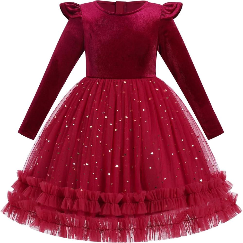 imageIDOPIP Toddler Baby Girls Velvet Tutu Dress Long Sleeve Princess Christmas Birthday Party Wedding Dresses Fall Winter ClothesRed  Sequin
