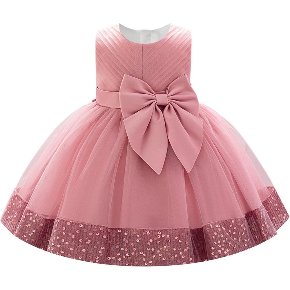 imageIDOPIP Toddler Flower Girl Dress Sequin Bowknot Pageant Wedding Princess Birthday Party Dresses Tulle Tutu Formal Ball Gown Dusty Pink