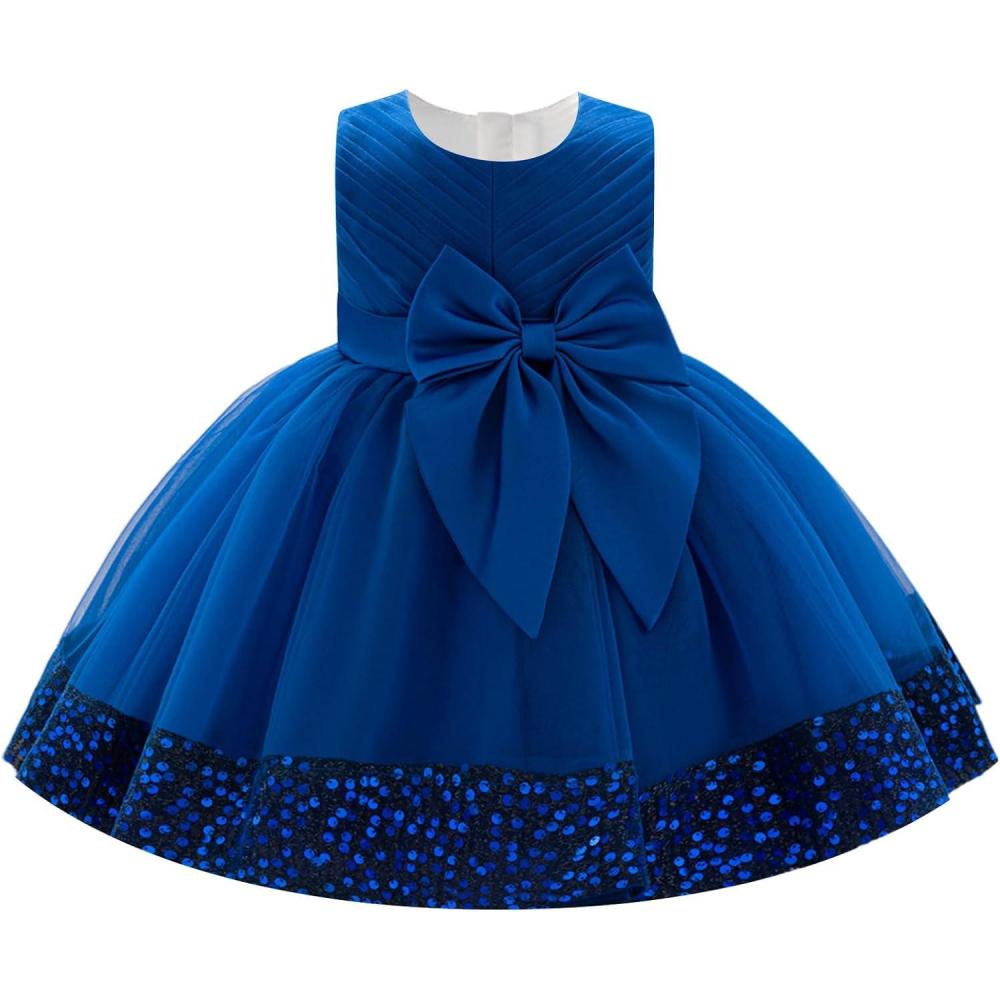 imageIDOPIP Toddler Flower Girl Dress Sequin Bowknot Pageant Wedding Princess Birthday Party Dresses Tulle Tutu Formal Ball Gown Royal Blue