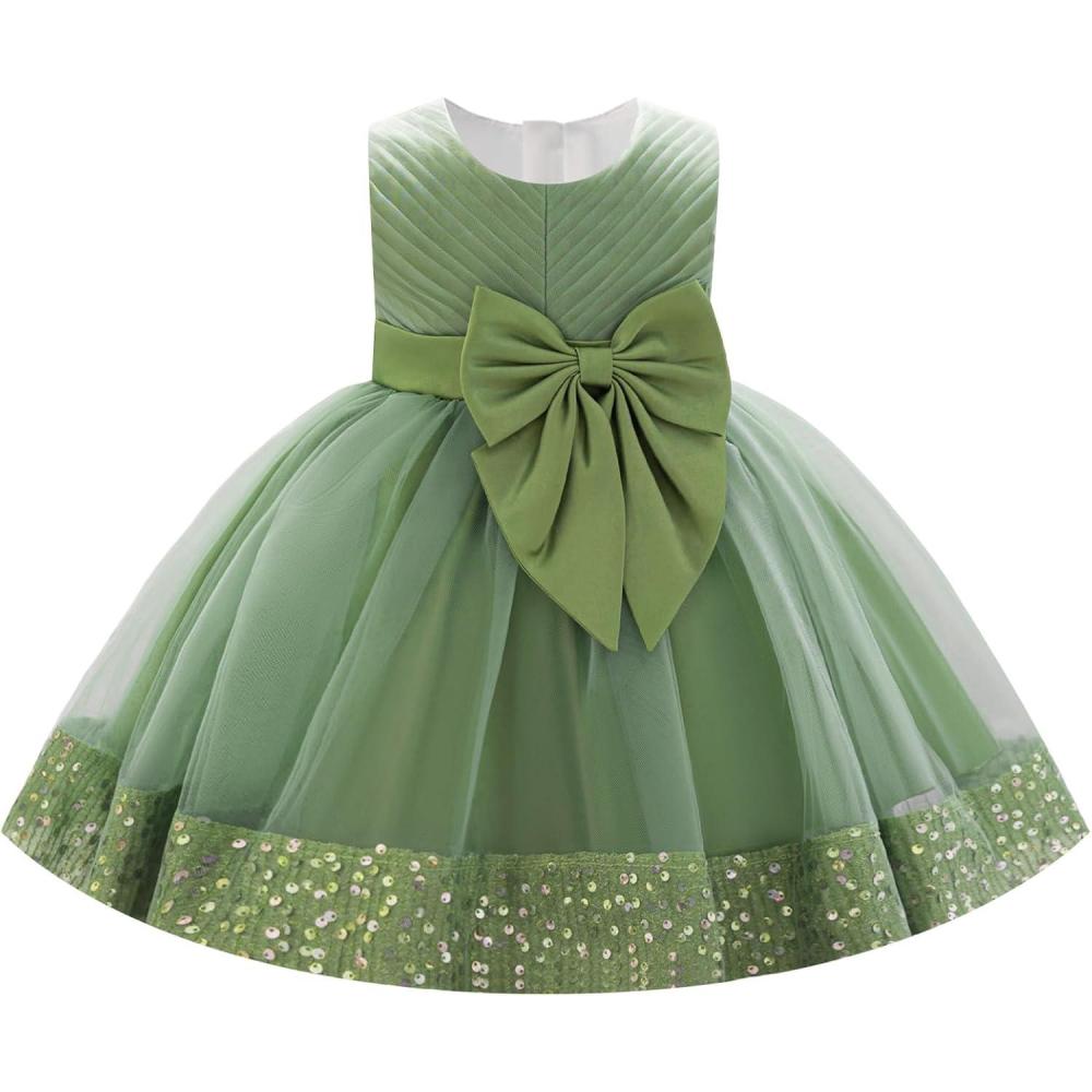 imageIDOPIP Toddler Flower Girl Dress Sequin Bowknot Pageant Wedding Princess Birthday Party Dresses Tulle Tutu Formal Ball Gown Sage Green