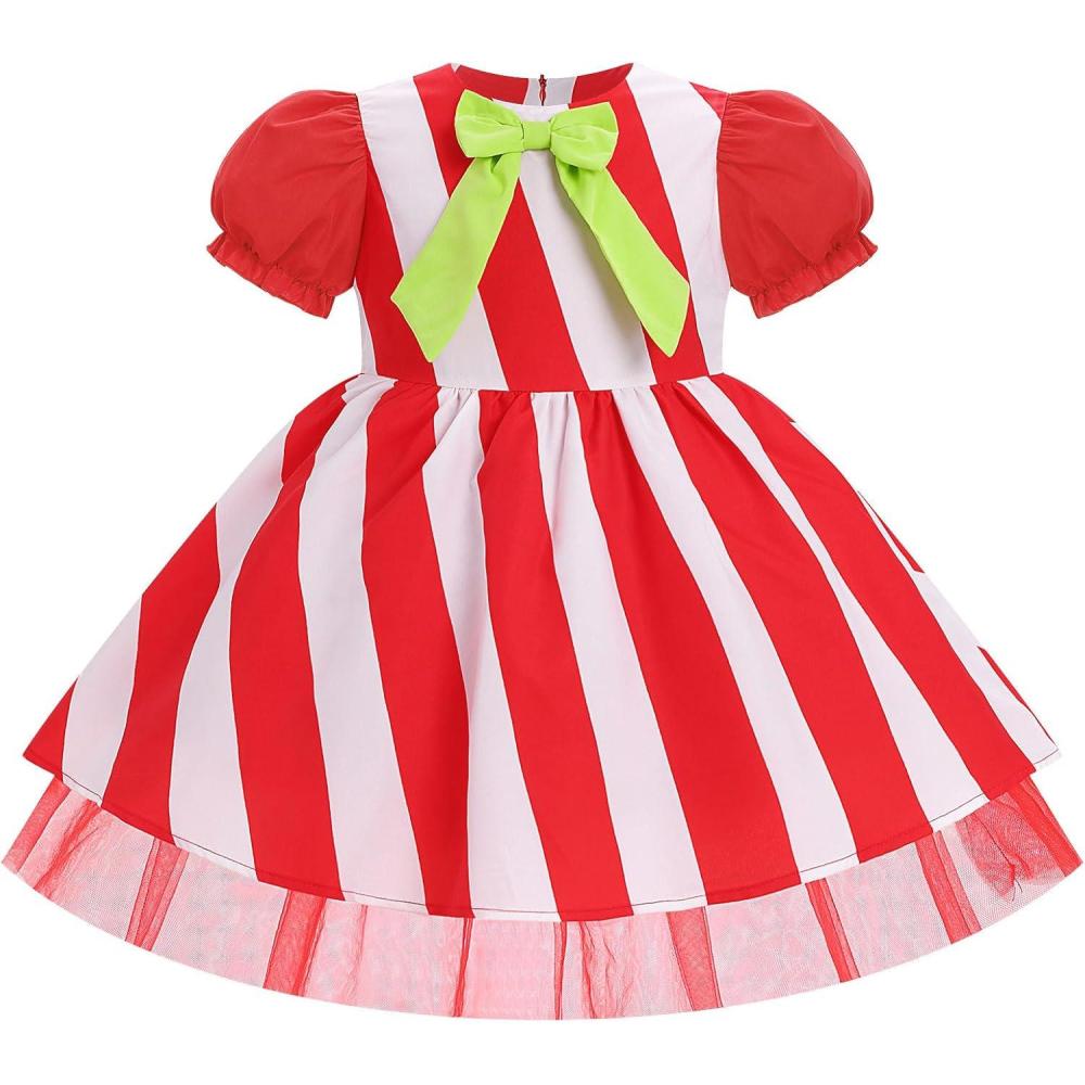 imageIDOPIP Toddler Girls Christmas Dress Puff Sleeve Tutu Dress Princess Baptism Ruffle Tulle Dress Cake Smash Photo Shoot OutfitRed  White Striped
