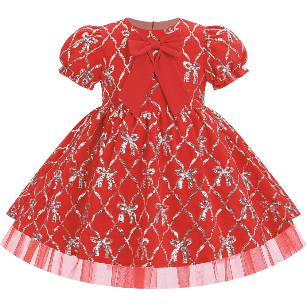 imageIDOPIP Toddler Girls Christmas Dress Puff Sleeve Tutu Dress Princess Baptism Ruffle Tulle Dress Cake Smash Photo Shoot OutfitRed Bows