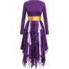 imageIDOPIP Metallic Praise Dance Dress for Women Asymmetric Ruffle Overlay Dresses Liturgical Lyrical Dancewear Worship CostumePurple