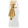 imageIDOPIP Metallic Praise Dance Dress for Women Asymmetric Ruffle Overlay Dresses Liturgical Lyrical Dancewear Worship CostumeWhite