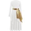imageIDOPIP Metallic Praise Dance Dress for Women Asymmetric Ruffle Overlay Dresses Liturgical Lyrical Dancewear Worship CostumeWhite