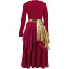 imageIDOPIP Metallic Praise Dance Dress for Women Asymmetric Ruffle Overlay Dresses Liturgical Lyrical Dancewear Worship CostumeWine Red
