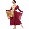 imageIDOPIP Metallic Praise Dance Dress for Women Asymmetric Ruffle Overlay Dresses Liturgical Lyrical Dancewear Worship CostumeWine Red