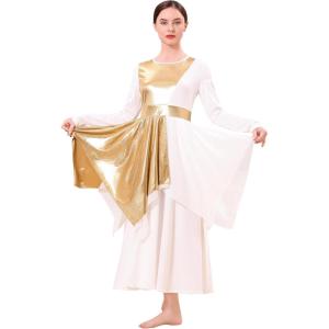 imageIDOPIP Metallic Praise Dance Dress for Women Asymmetric Ruffle Overlay Dresses Liturgical Lyrical Dancewear Worship CostumeWhite