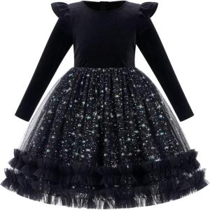 imageIDOPIP Toddler Baby Girls Velvet Tutu Dress Long Sleeve Princess Christmas Birthday Party Wedding Dresses Fall Winter ClothesBlack  Sequin
