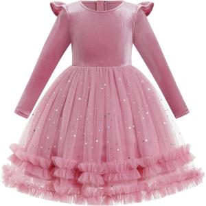 imageIDOPIP Toddler Baby Girls Velvet Tutu Dress Long Sleeve Princess Christmas Birthday Party Wedding Dresses Fall Winter ClothesDusty Pink  Sequin
