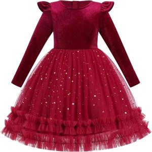 imageIDOPIP Toddler Baby Girls Velvet Tutu Dress Long Sleeve Princess Christmas Birthday Party Wedding Dresses Fall Winter ClothesRed  Sequin