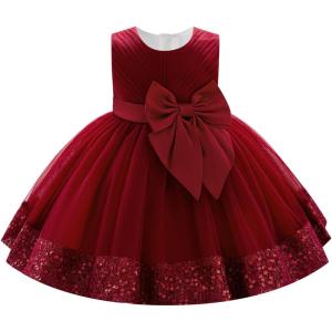 imageIDOPIP Toddler Flower Girl Dress Sequin Bowknot Pageant Wedding Princess Birthday Party Dresses Tulle Tutu Formal Ball Gown Wine Red