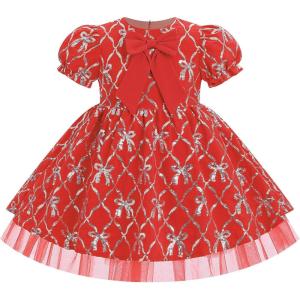 imageIDOPIP Toddler Girls Christmas Dress Puff Sleeve Tutu Dress Princess Baptism Ruffle Tulle Dress Cake Smash Photo Shoot OutfitRed Bows