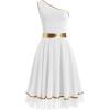 imageIDOPIP Metallic Color Block Praise Dance Overlay Dress for Women Asymmetrical One Shoulder Worship Tunic Liturgical DancewearWhite