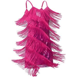 imageIDOPIP Kids Girls 1920s Flapper Dress Tassels Sequins Fringe Latin Dance Dress Gatsby Halloween Party Ballroom Dance CostumesHot Pink