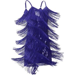 imageIDOPIP Kids Girls 1920s Flapper Dress Tassels Sequins Fringe Latin Dance Dress Gatsby Halloween Party Ballroom Dance CostumesRoyal Blue