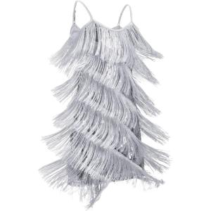 imageIDOPIP Kids Girls 1920s Flapper Dress Tassels Sequins Fringe Latin Dance Dress Gatsby Halloween Party Ballroom Dance CostumesSilver