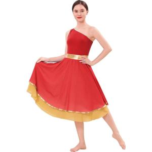 imageIDOPIP Metallic Color Block Praise Dance Overlay Dress for Women Asymmetrical One Shoulder Worship Tunic Liturgical DancewearRed