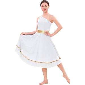 imageIDOPIP Metallic Color Block Praise Dance Overlay Dress for Women Asymmetrical One Shoulder Worship Tunic Liturgical DancewearWhite