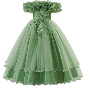 imageIDOPIP Sequin Embroidery Flower Girl Maxi Dress for Wedding Party Birthday Princess Dresses Pageant Ruffle Cold Shoulder GownSage Green