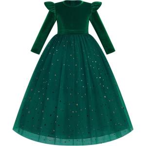 imageIDOPIP Embroidery Flower Girl Velvet Tutu Dress for Kids Princess Birthday Party Pageant Wedding Dresses Fall Winter ClothesEmerald Green Stars
