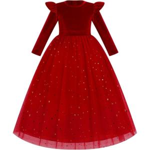 imageIDOPIP Embroidery Flower Girl Velvet Tutu Dress for Kids Princess Birthday Party Pageant Wedding Dresses Fall Winter ClothesRed Stars