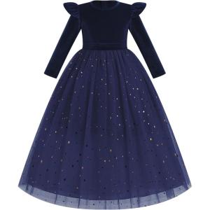 imageIDOPIP Embroidery Flower Girl Velvet Tutu Dress for Kids Princess Birthday Party Pageant Wedding Dresses Fall Winter ClothesRoyal Blue Stars