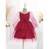 imageIDOPIP Toddler Baby Girls Velvet Tutu Dress Bowknot Ruffle Tulle Princess Christmas Birthday Party Dress Fall Winter ClothesWine Red  Star