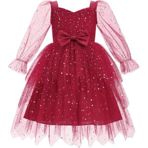 imageIDOPIP Toddler Baby Girls Velvet Tutu Dress Bowknot Ruffle Tulle Princess Christmas Birthday Party Dress Fall Winter ClothesWine Red  Star