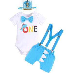 imageBaby Boys Lion Cake Smash Outfit Wild One Birthday Romper Suspenders Shorts Headband Jungle Animal Costume Photo ShootBlue Dinosaur One