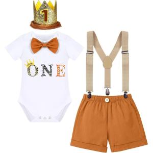 imageBaby Boys Lion Cake Smash Outfit Wild One Birthday Romper Suspenders Shorts Headband Jungle Animal Costume Photo ShootBrown Giraffe