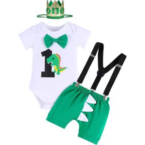 imageBaby Boys Lion Cake Smash Outfit Wild One Birthday Romper Suspenders Shorts Headband Jungle Animal Costume Photo ShootGreen Dinosaur  Ridge