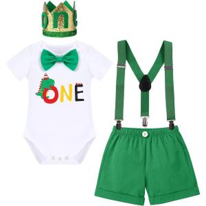 imageBaby Boys Lion Cake Smash Outfit Wild One Birthday Romper Suspenders Shorts Headband Jungle Animal Costume Photo ShootGreen Dinosaur