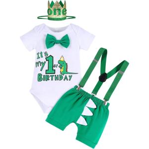 imageBaby Boys Lion Cake Smash Outfit Wild One Birthday Romper Suspenders Shorts Headband Jungle Animal Costume Photo ShootGreen Dinosaur 1st Birthday