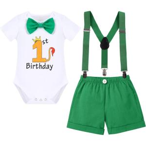 imageBaby Boys Lion Cake Smash Outfit Wild One Birthday Romper Suspenders Shorts Headband Jungle Animal Costume Photo ShootGreen Lion 3pcs