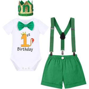 imageBaby Boys Lion Cake Smash Outfit Wild One Birthday Romper Suspenders Shorts Headband Jungle Animal Costume Photo ShootGreen Lion
