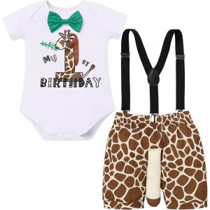 imageIDOPIP Jungle Theme 1st Birthday Outfit for Baby Boy Safari Animals Romper Suspenders Shorts with Tail Clothes Set for PhotoGiraffe