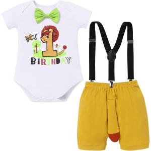 imageIDOPIP Jungle Theme 1st Birthday Outfit for Baby Boy Safari Animals Romper Suspenders Shorts with Tail Clothes Set for PhotoLion