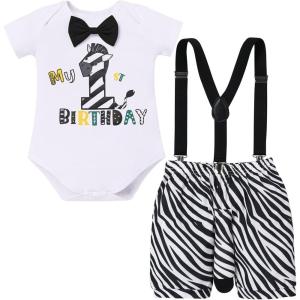 imageIDOPIP Jungle Theme 1st Birthday Outfit for Baby Boy Safari Animals Romper Suspenders Shorts with Tail Clothes Set for PhotoZebra